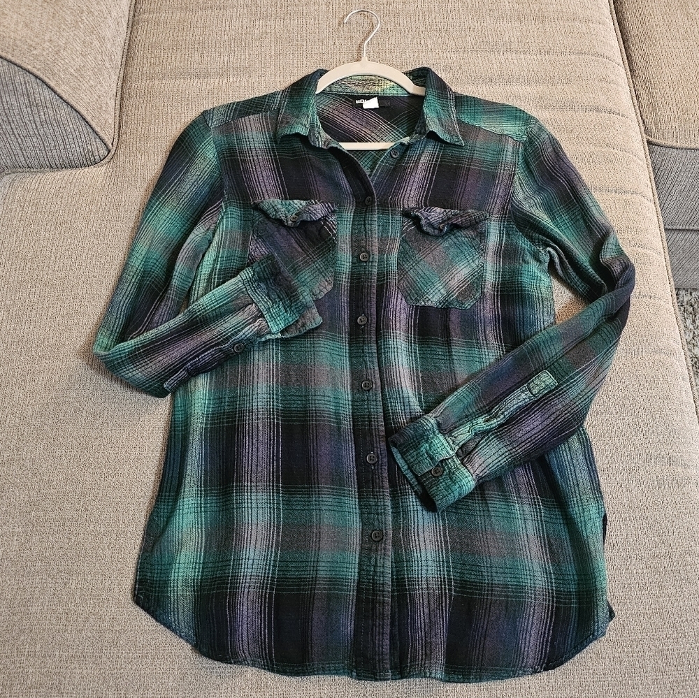 BDG Green Black Flannel Plaid Button Casual Relaced Top Shirt Size Small